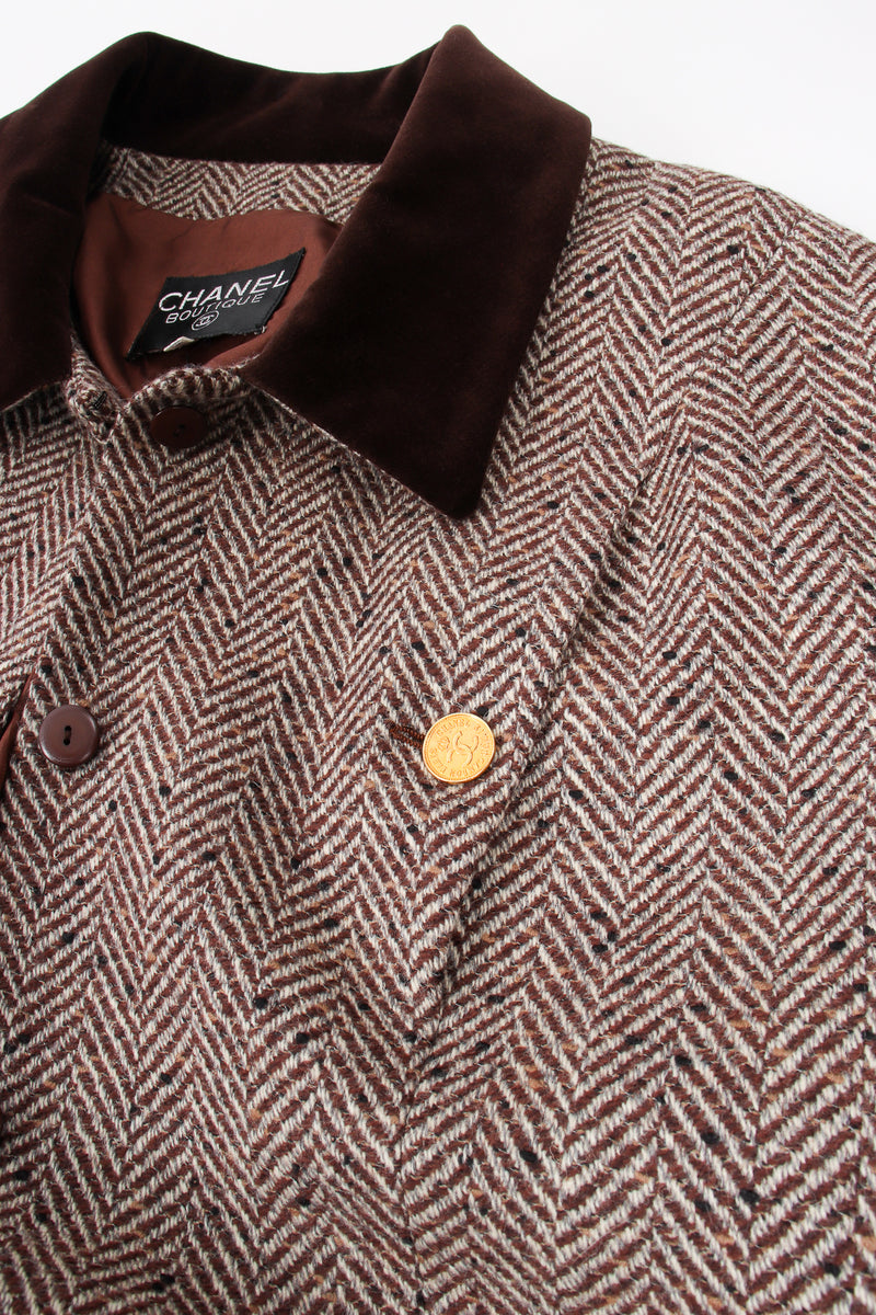 Vintage Chanel Herringbone Tweed Velvet Jacket & Skirt Set jacket pocket button at Recess LA