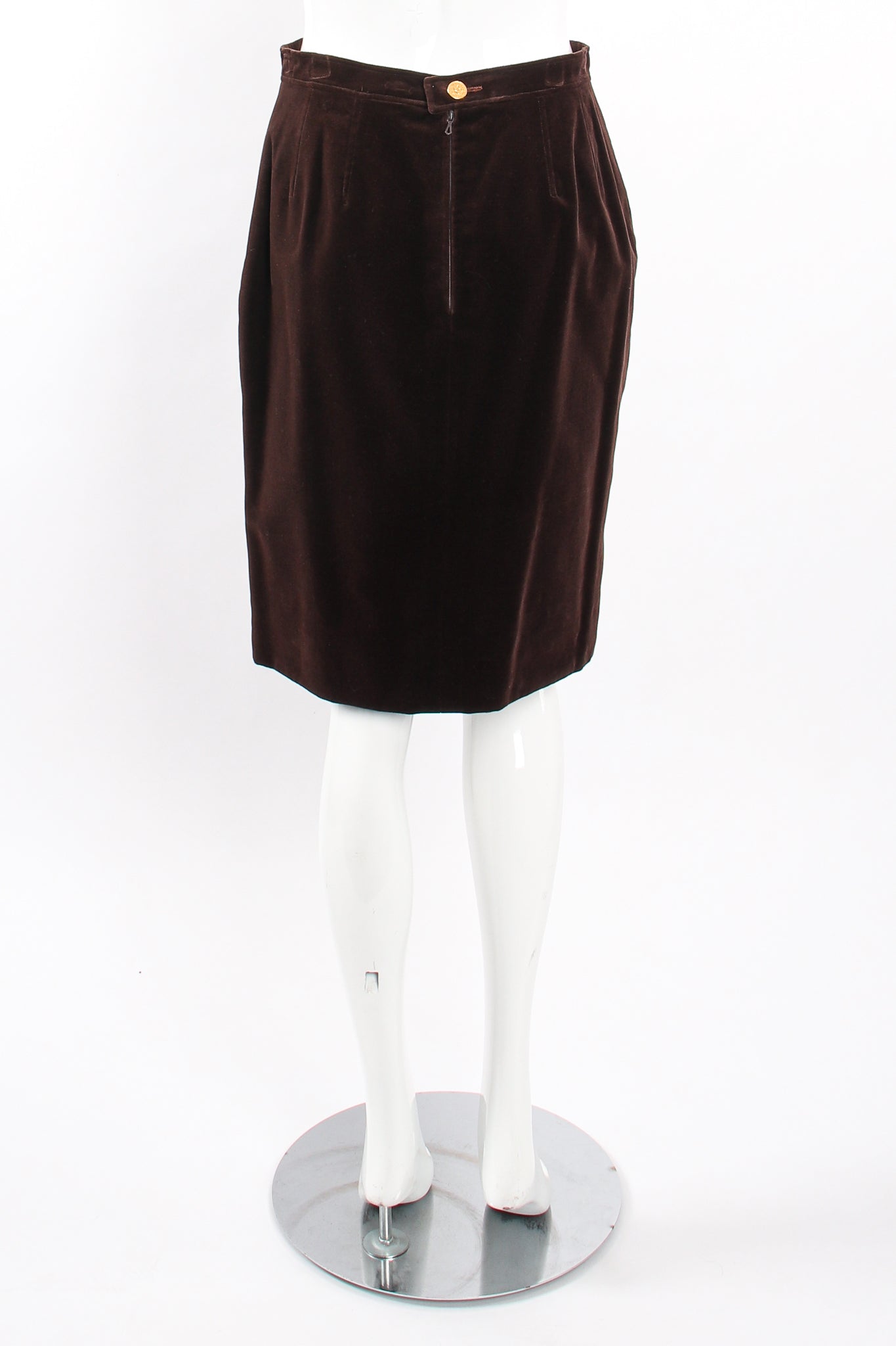 Vintage Chanel Herringbone Tweed Velvet Jacket & Skirt Set on Mannequin back skirt at Recess LA