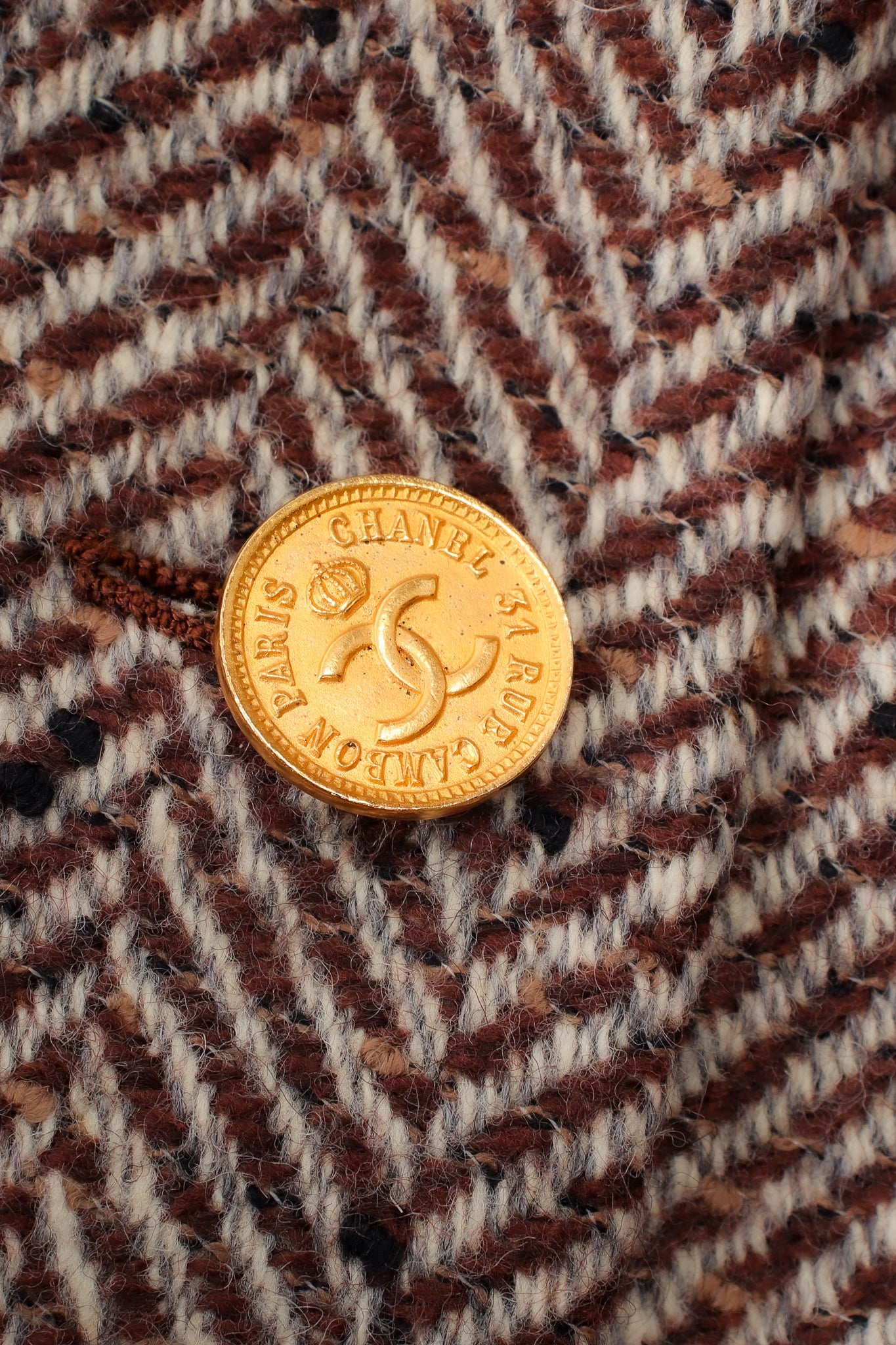 Vintage Chanel Herringbone Tweed Velvet Jacket & Skirt Set jacket button detail at Recess LA