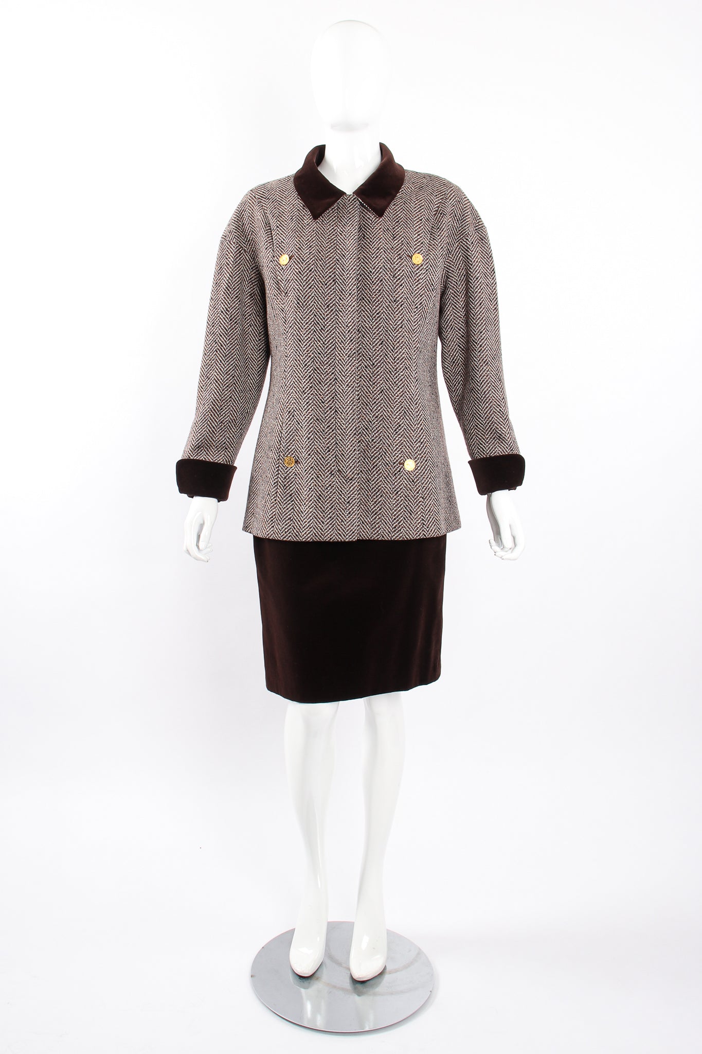 Vintage Chanel Herringbone Tweed Velvet Jacket & Skirt Set on Mannequin front at Recess LA