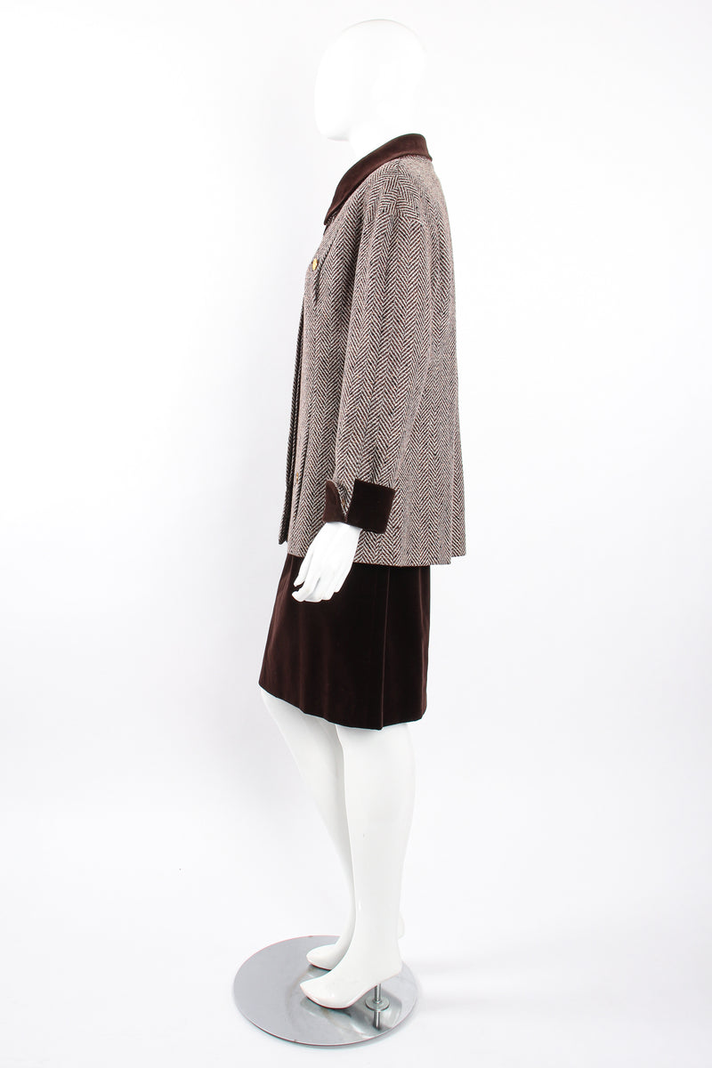 Vintage Chanel Herringbone Tweed Velvet Jacket & Skirt Set on Mannequin side at Recess LA