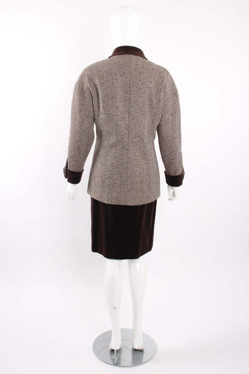 Vintage Chanel Herringbone Tweed Velvet Jacket & Skirt Set on Mannequin back at Recess LA