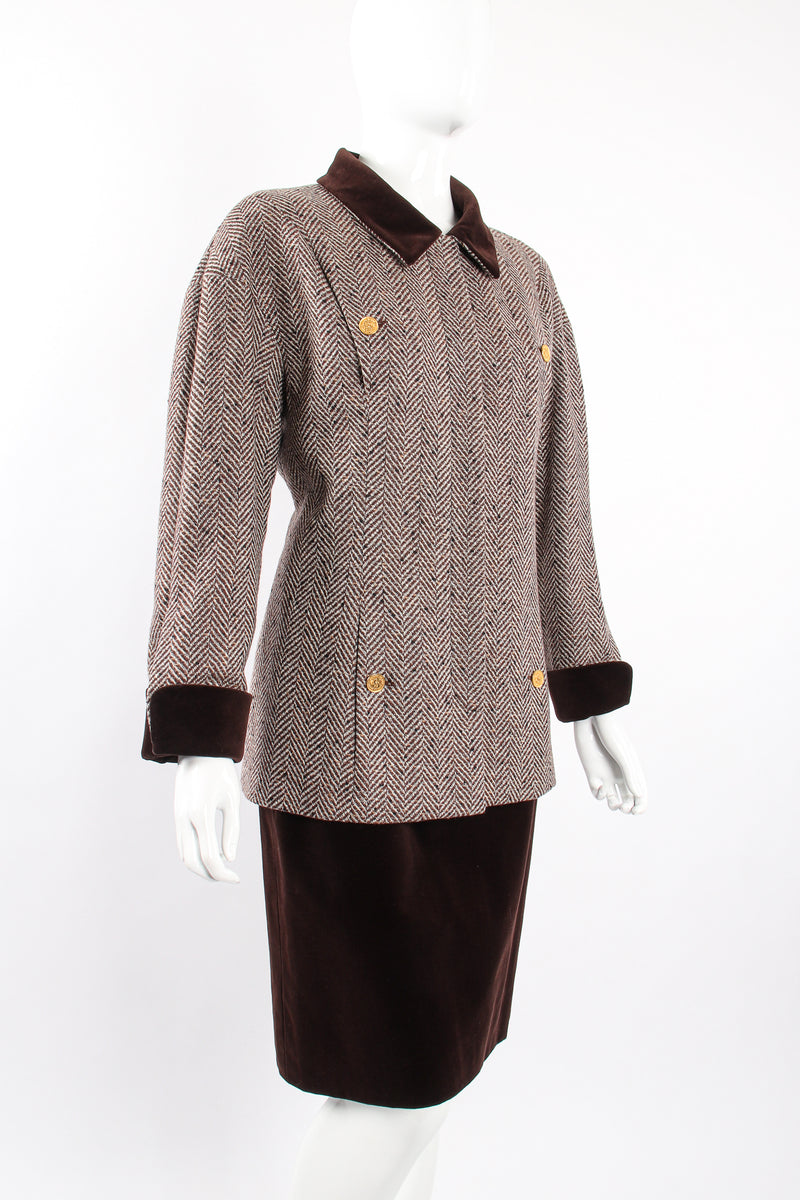 Vintage Chanel Herringbone Tweed Velvet Jacket & Skirt Set on Mannequin angle at Recess LA