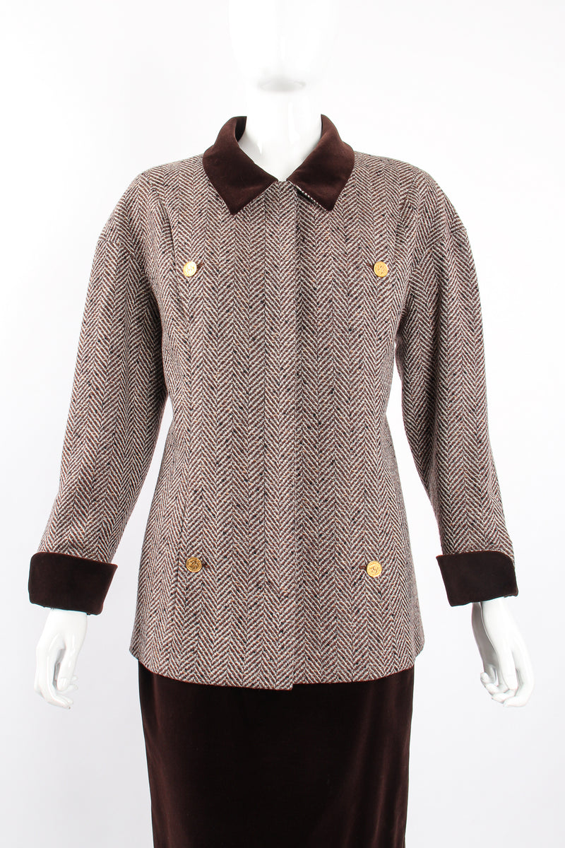 Vintage Chanel Herringbone Tweed Velvet Jacket & Skirt Set on Mannequin front crop at Recess LA