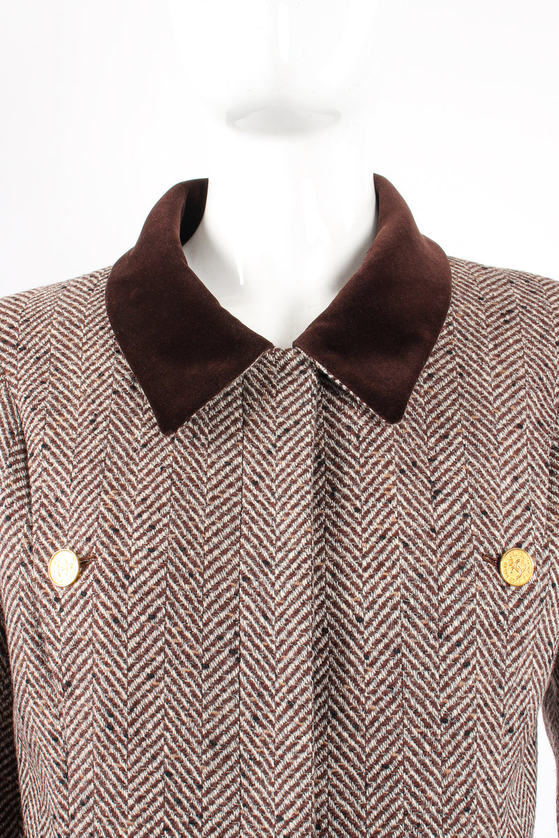 Vintage Chanel Herringbone Tweed Velvet Jacket & Skirt Set on Mannequin collar at Recess LA