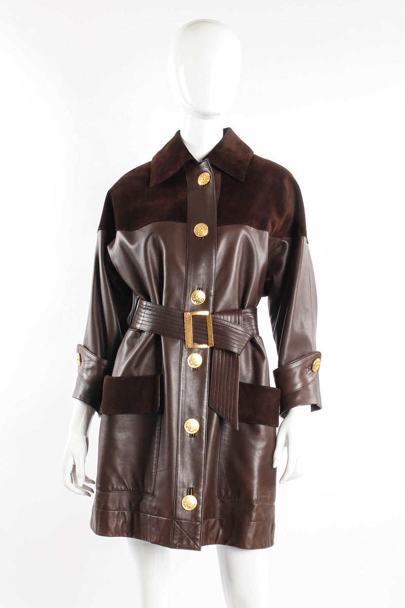 Vintage Chanel Suede & Leather Trench Coat on mannequin at Recess Los Angeles (front)
