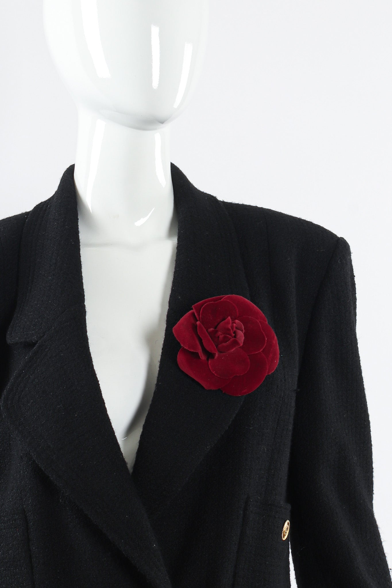 Vintage Chanel Velvet Camellia Flower Pin on mannequin @ Recess LA