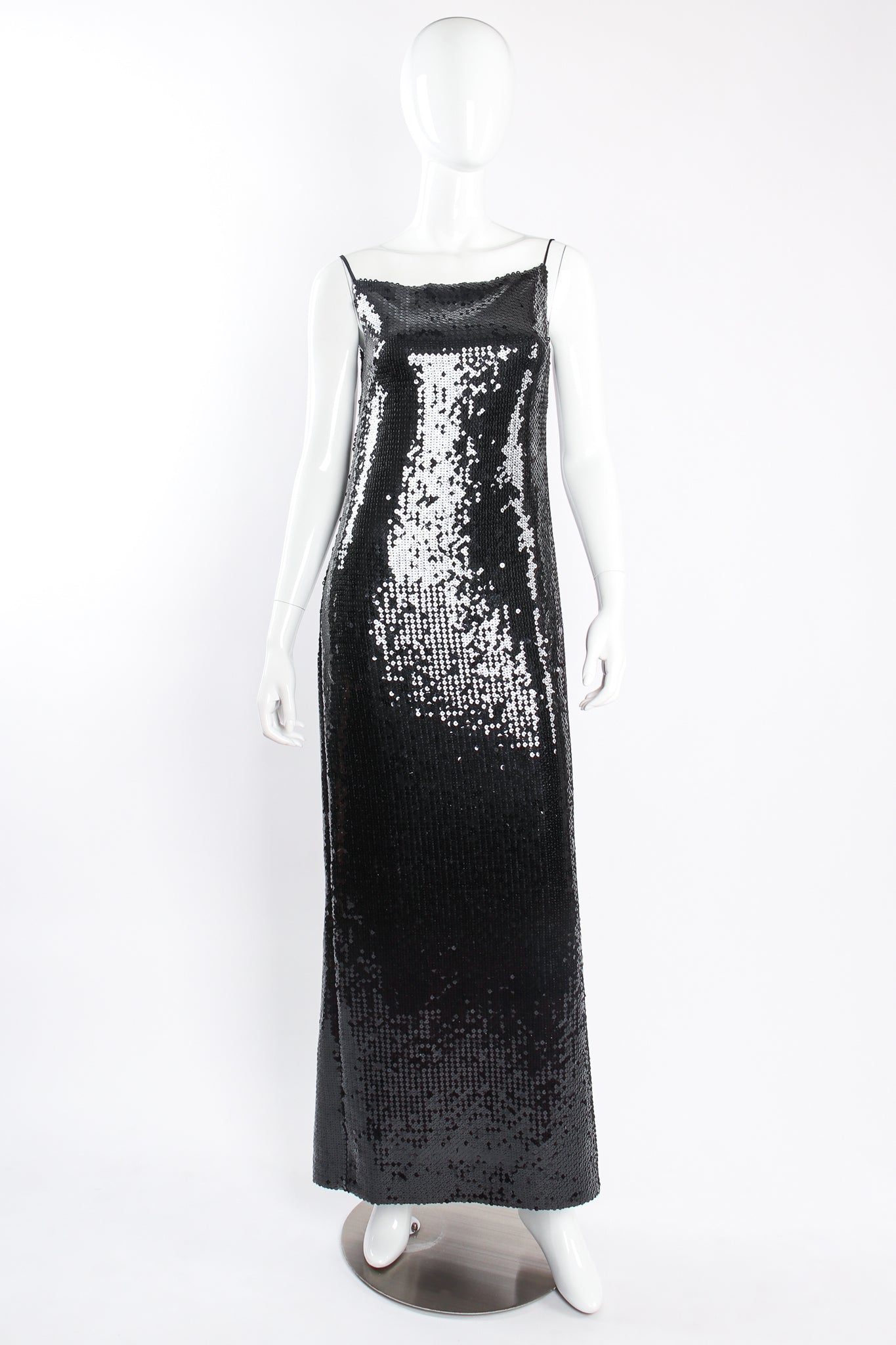 Vintage Chanel Sequin Black Tie Sheath Gown Set on Mannequin front at Recess Los Angeles