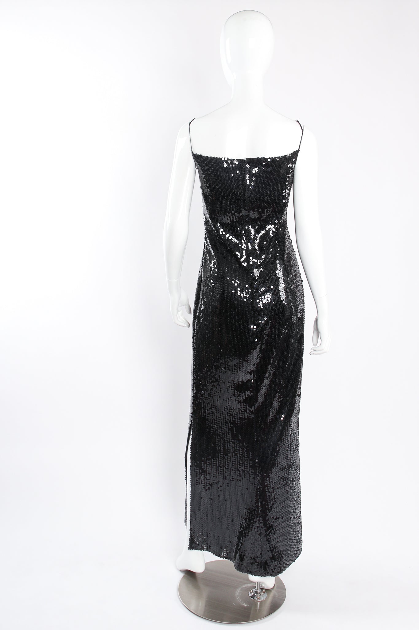 Vintage Chanel Sequin Black Tie Sheath Gown Set on Mannequin back at Recess Los Angeles