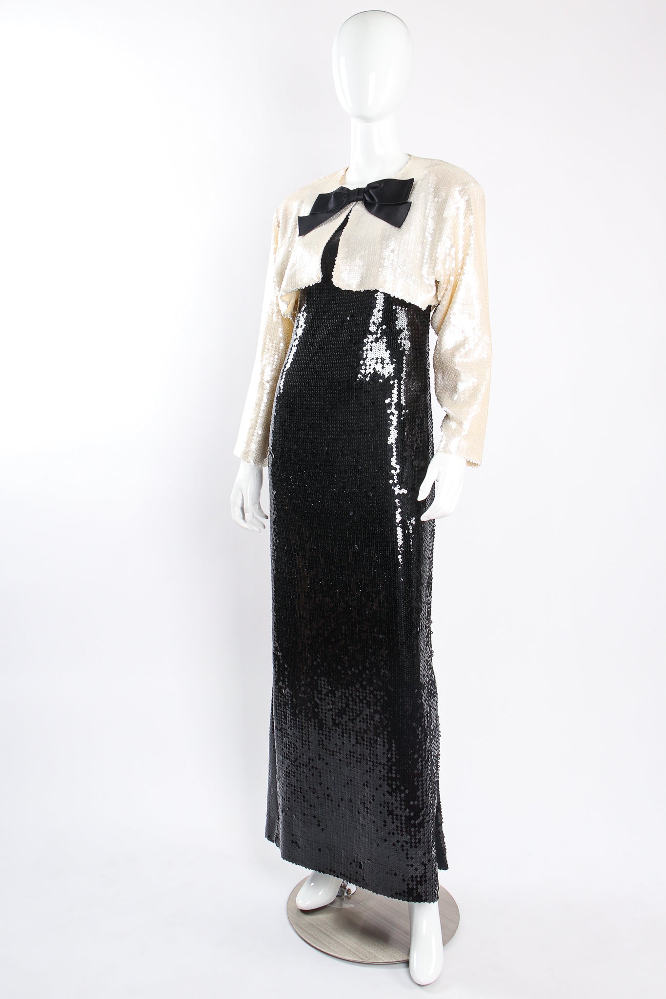 Vintage Chanel Sequin Black Tie Sheath Gown & Bolero Set on Mannequin angle at Recess Los Angeles