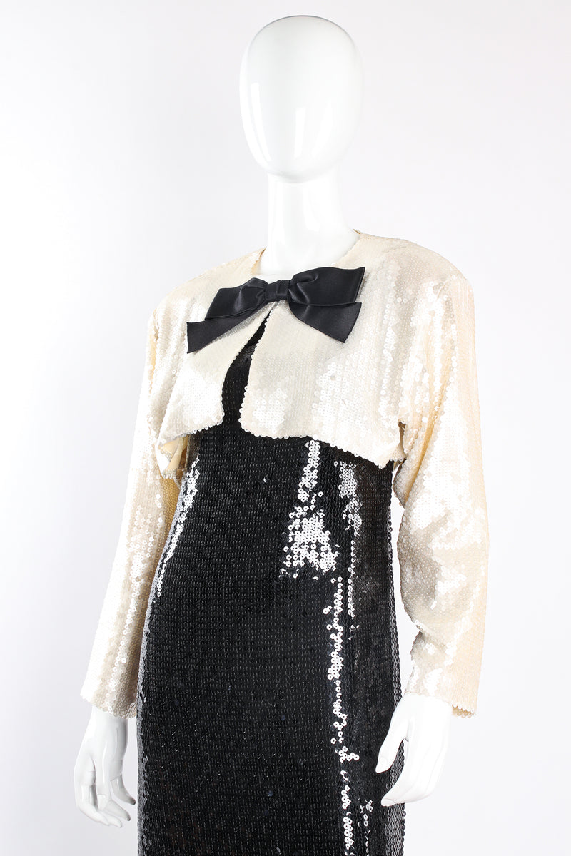 Vintage Chanel Sequin Black Tie Sheath Gown & Bolero Set on Mannequin crop at Recess Los Angeles