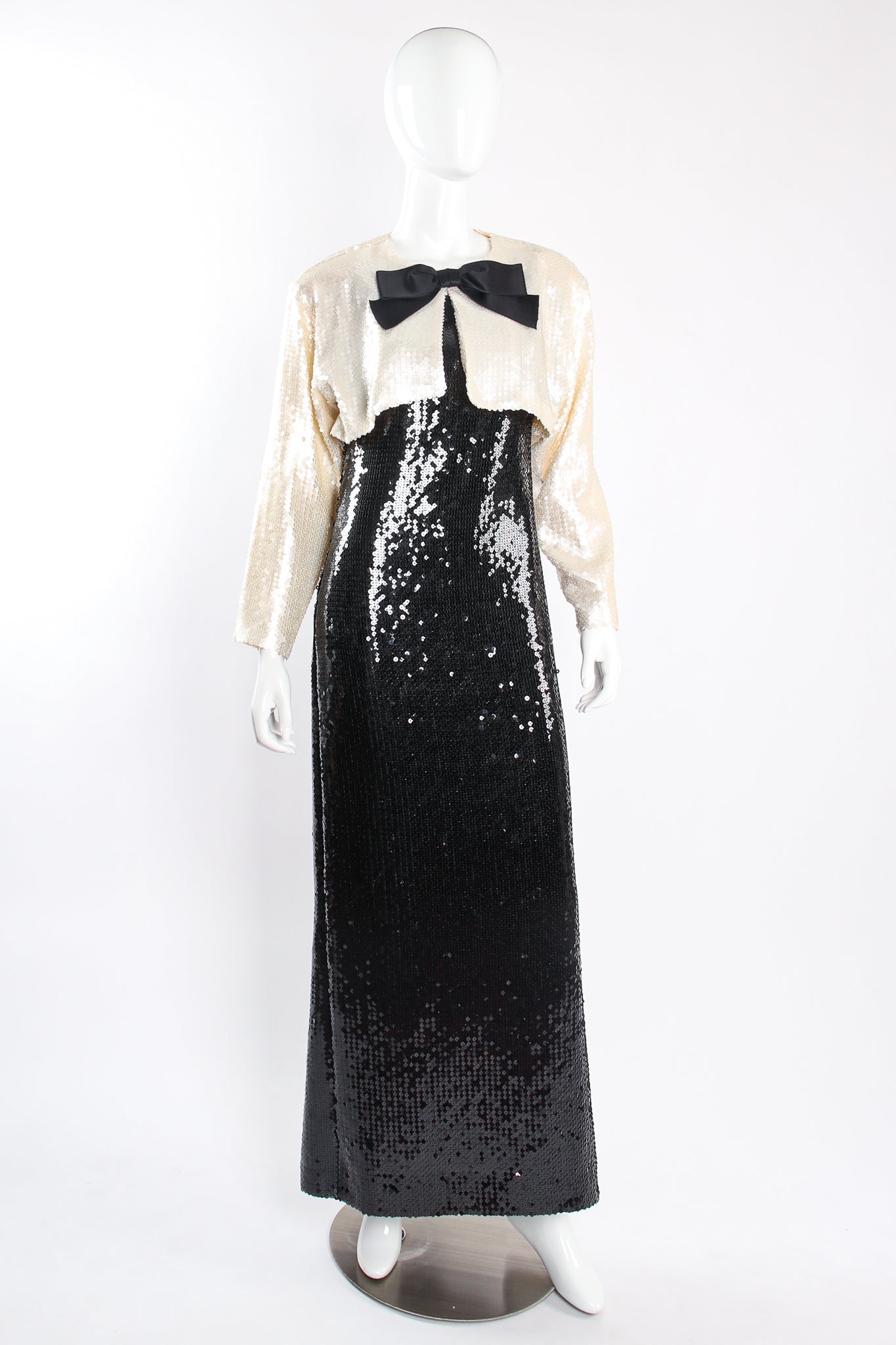 Vintage Chanel Sequin Black Tie Sheath Gown & Bolero Set on Mannequin front at Recess Los Angeles