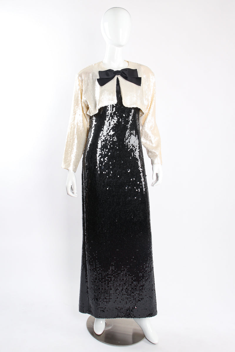 Vintage Chanel Sequin Black Tie Sheath Gown & Bolero Set on Mannequin front at Recess Los Angeles