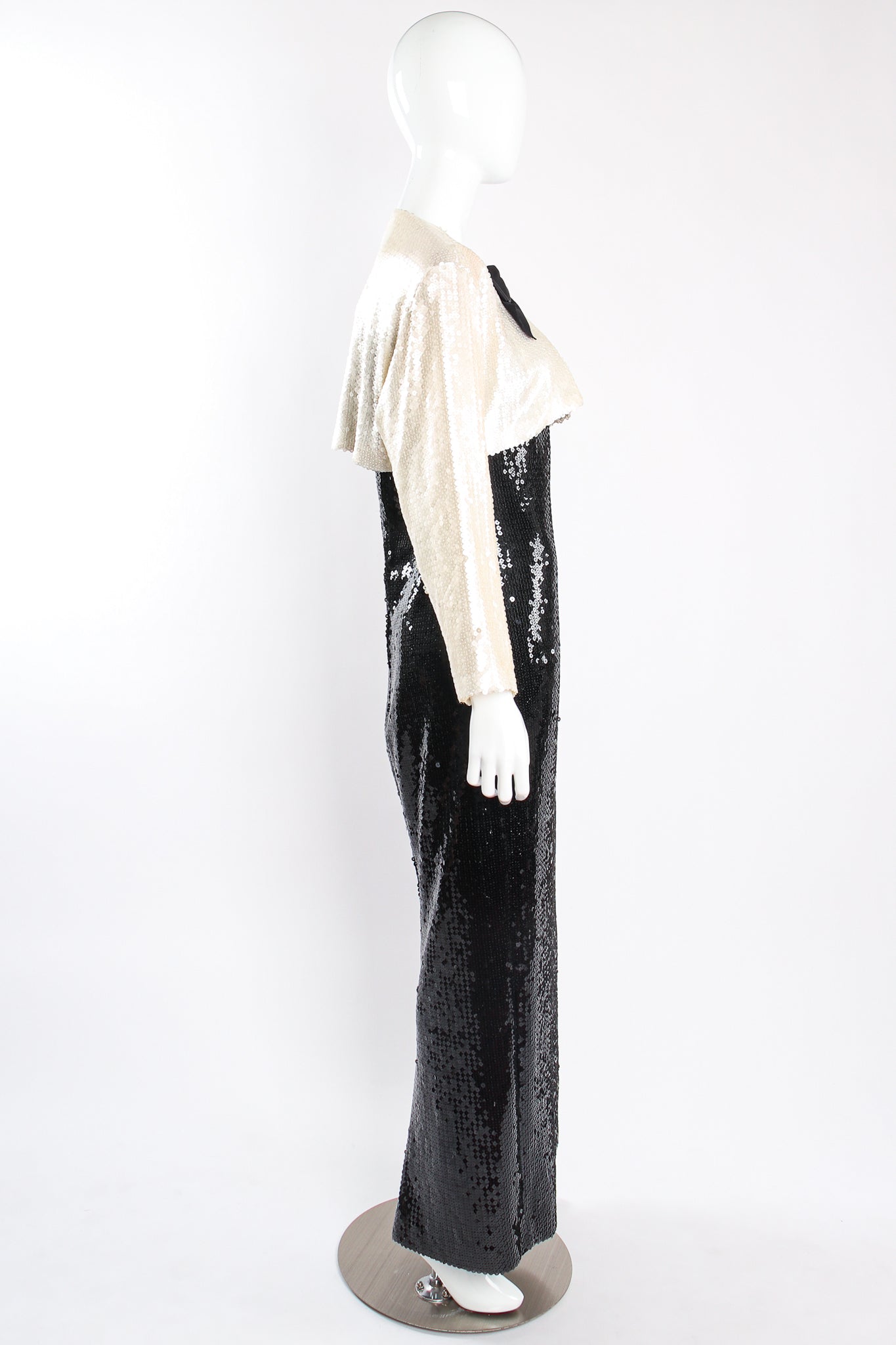 Vintage Chanel Sequin Black Tie Sheath Gown & Bolero Set on Mannequin side at Recess Los Angeles