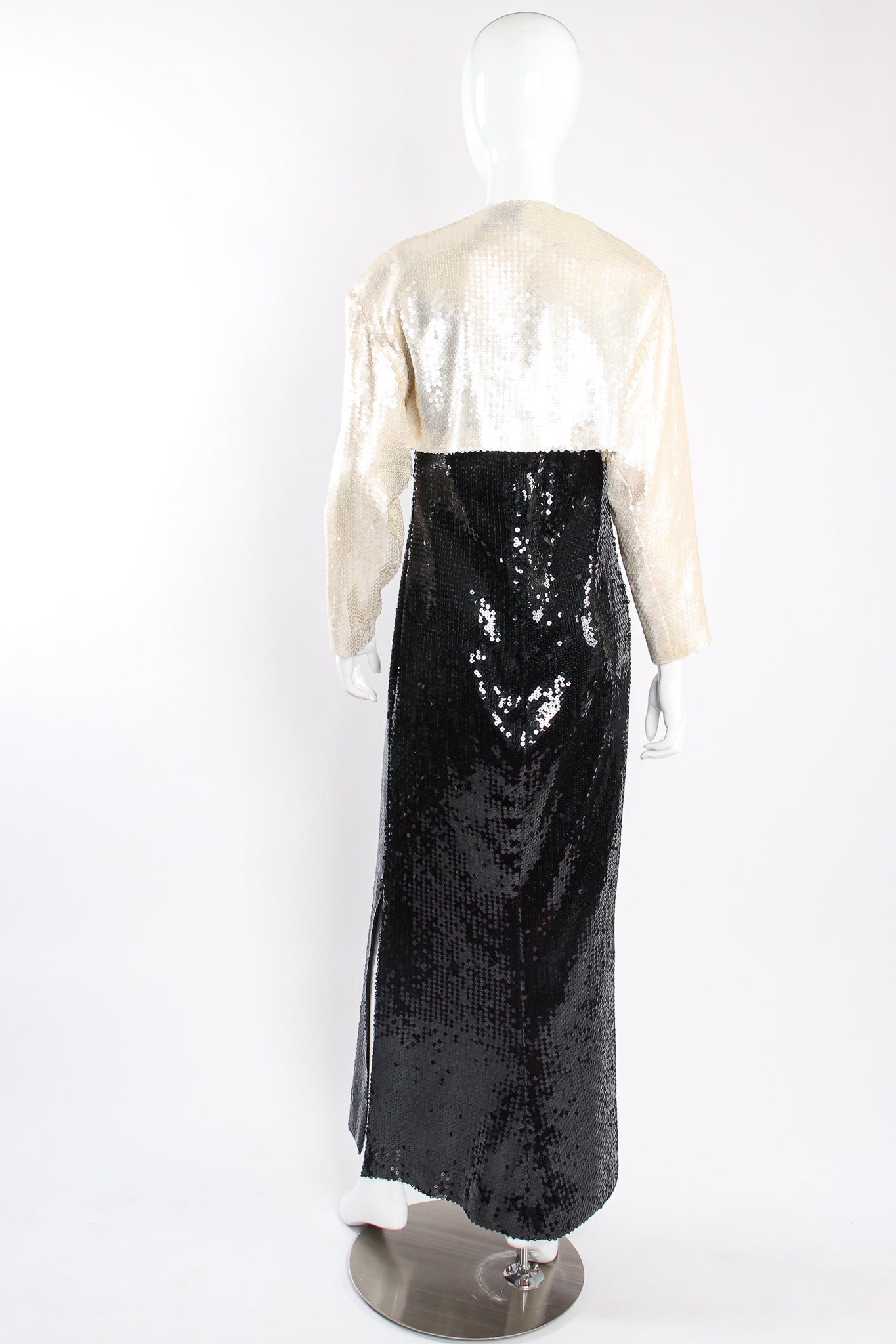 Vintage Chanel Sequin Black Tie Sheath Gown & Bolero Set on Mannequin back at Recess Los Angeles