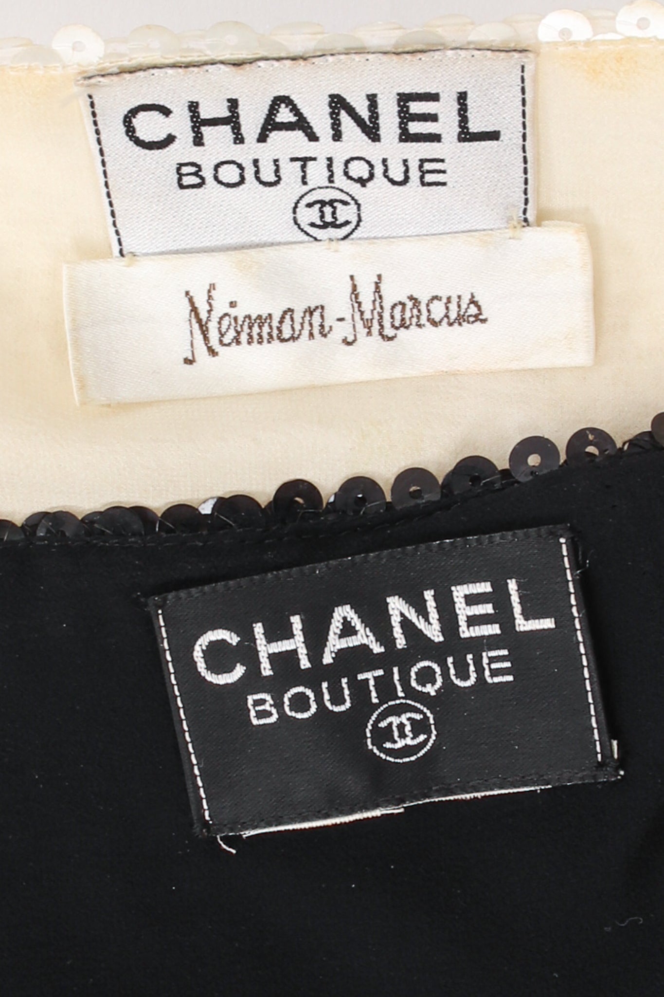Vintage Chanel Sequin Black Tie Sheath Gown Set labels at Recess Los Angeles