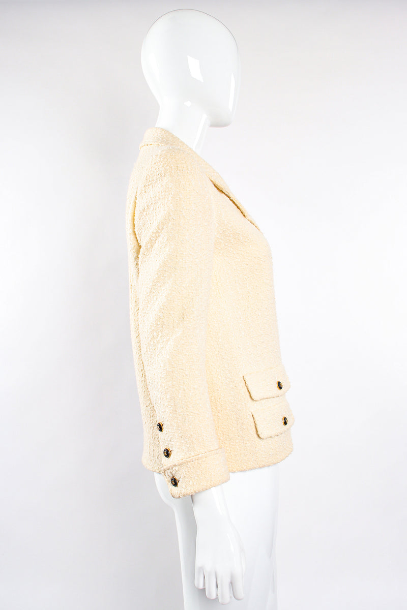 Vintage Chanel 1995 Bouclé Tweed Double Pocket Jacket on Mannequin side at Recess Los Angeles
