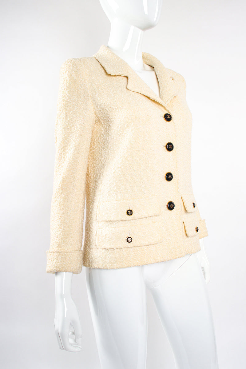 Vintage Chanel 1995 Bouclé Tweed Double Pocket Jacket on Mannequin angle at Recess Los Angeles
