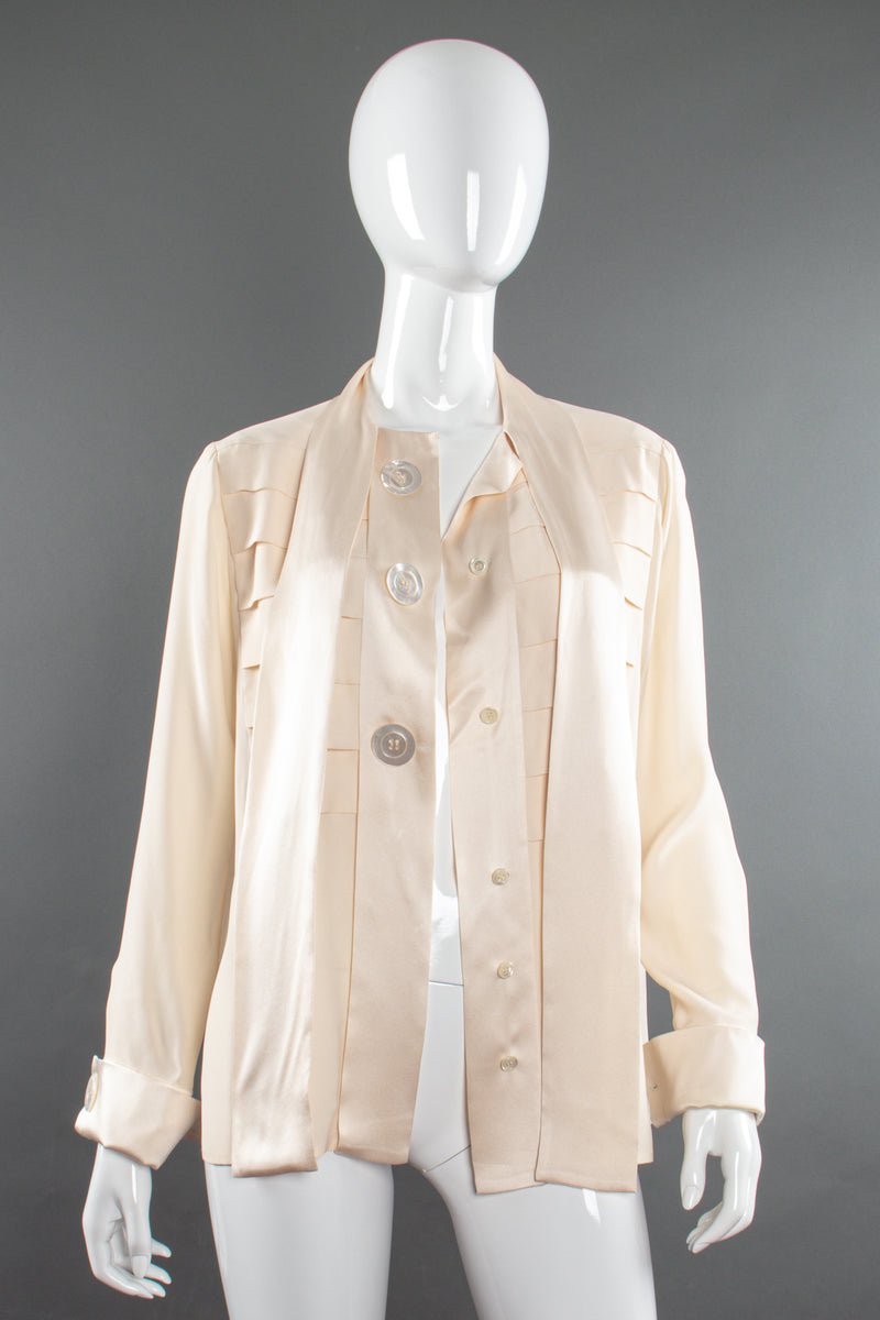 Vintage Chanel Cream Silk Panel Tuck Bow Blouse on Mannequin open at Recess Los Angeles