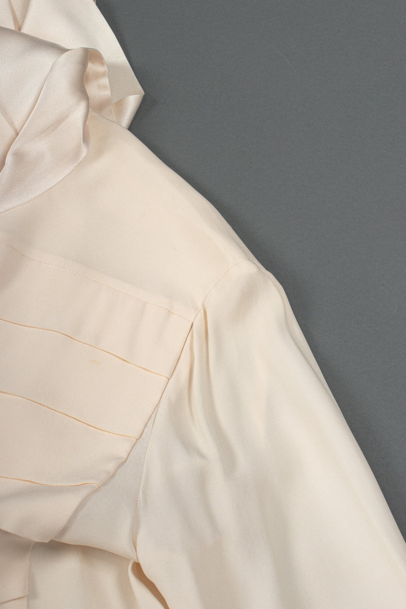 Vintage Chanel Cream Silk Panel Tuck Bow Blouse shoulder yoke stain at Recess Los Angeles