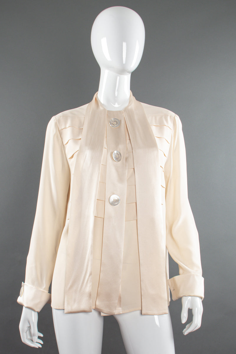Vintage Chanel Cream Silk Panel Tuck Bow Blouse on Mannequin untie at Recess Los Angeles