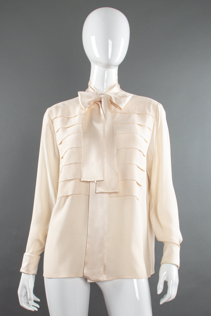 Vintage Chanel Cream Silk Panel Tuck Bow Blouse on Mannequin front at Recess Los Angeles