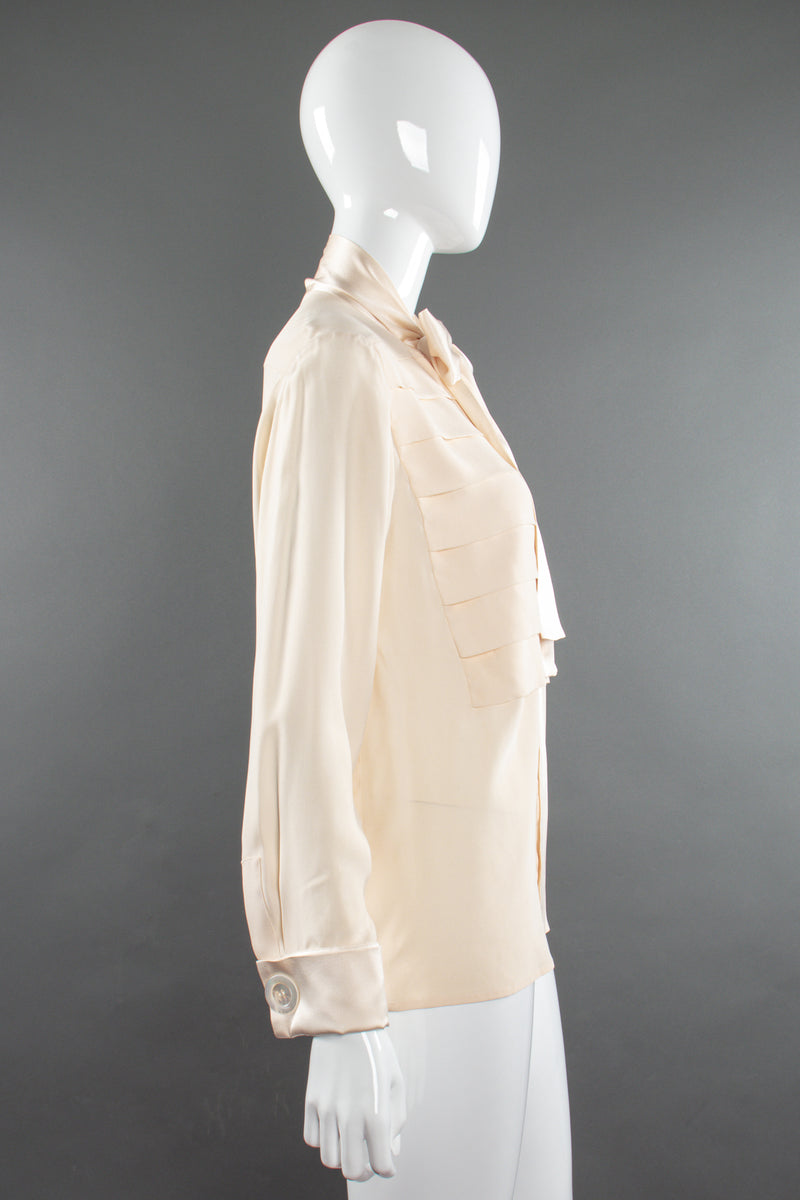Vintage Chanel Cream Silk Panel Tuck Bow Blouse on Mannequin side at Recess Los Angeles