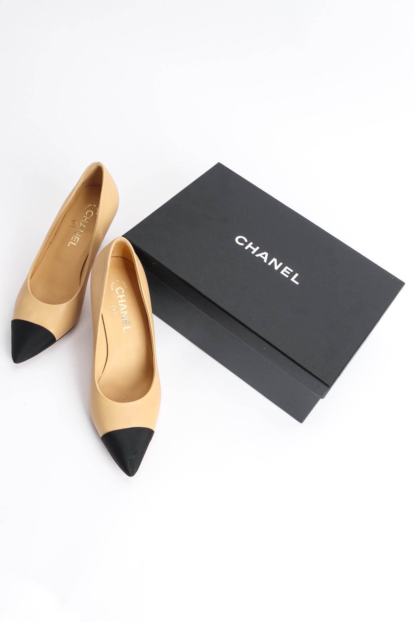 Chanel Cap Toe Lambskin Leather CC Heels shoes with original box @ Recess LA