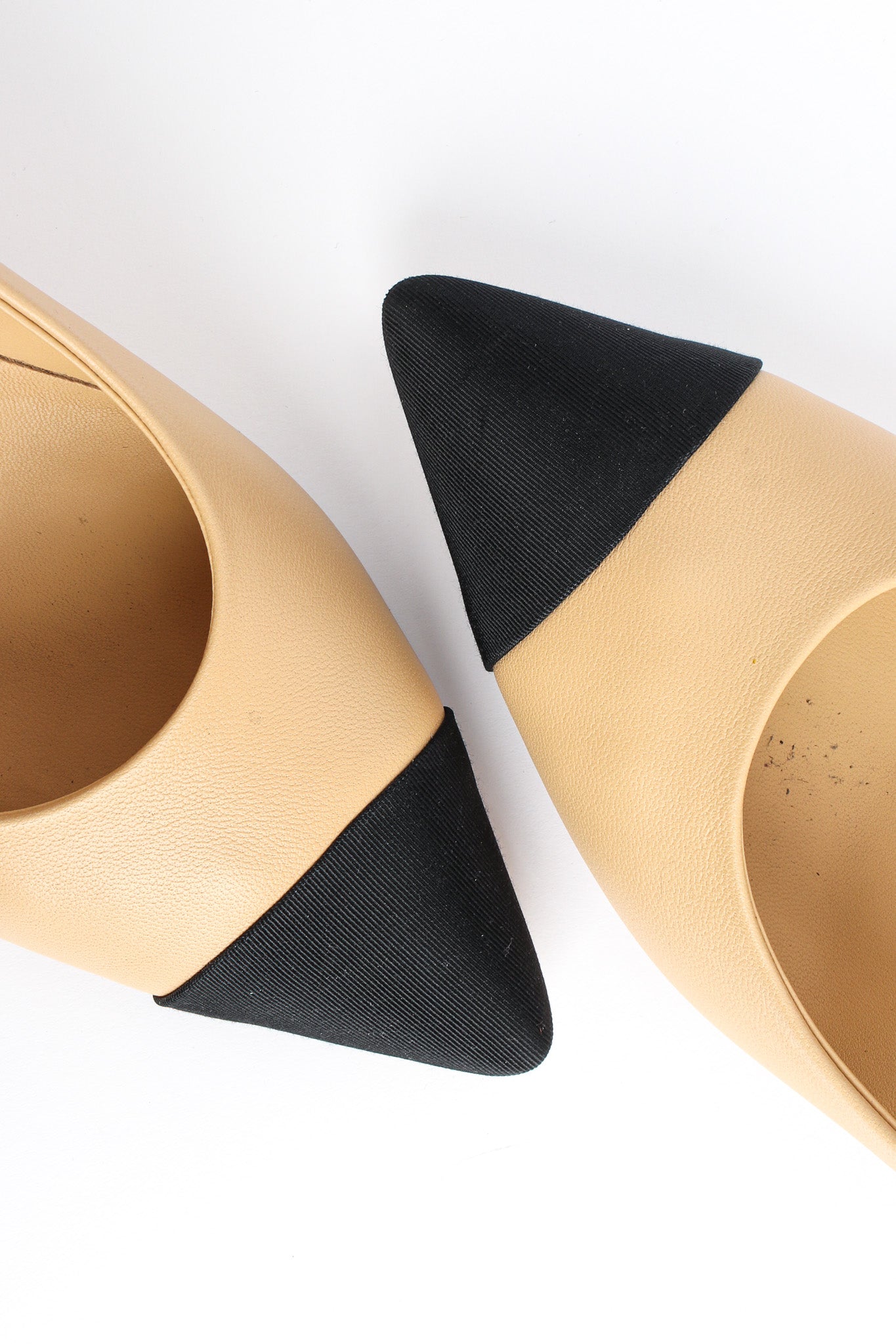 Chanel Cap Toe Lambskin Leather CC Heels toe cap/L side insole marks @ Recess LA