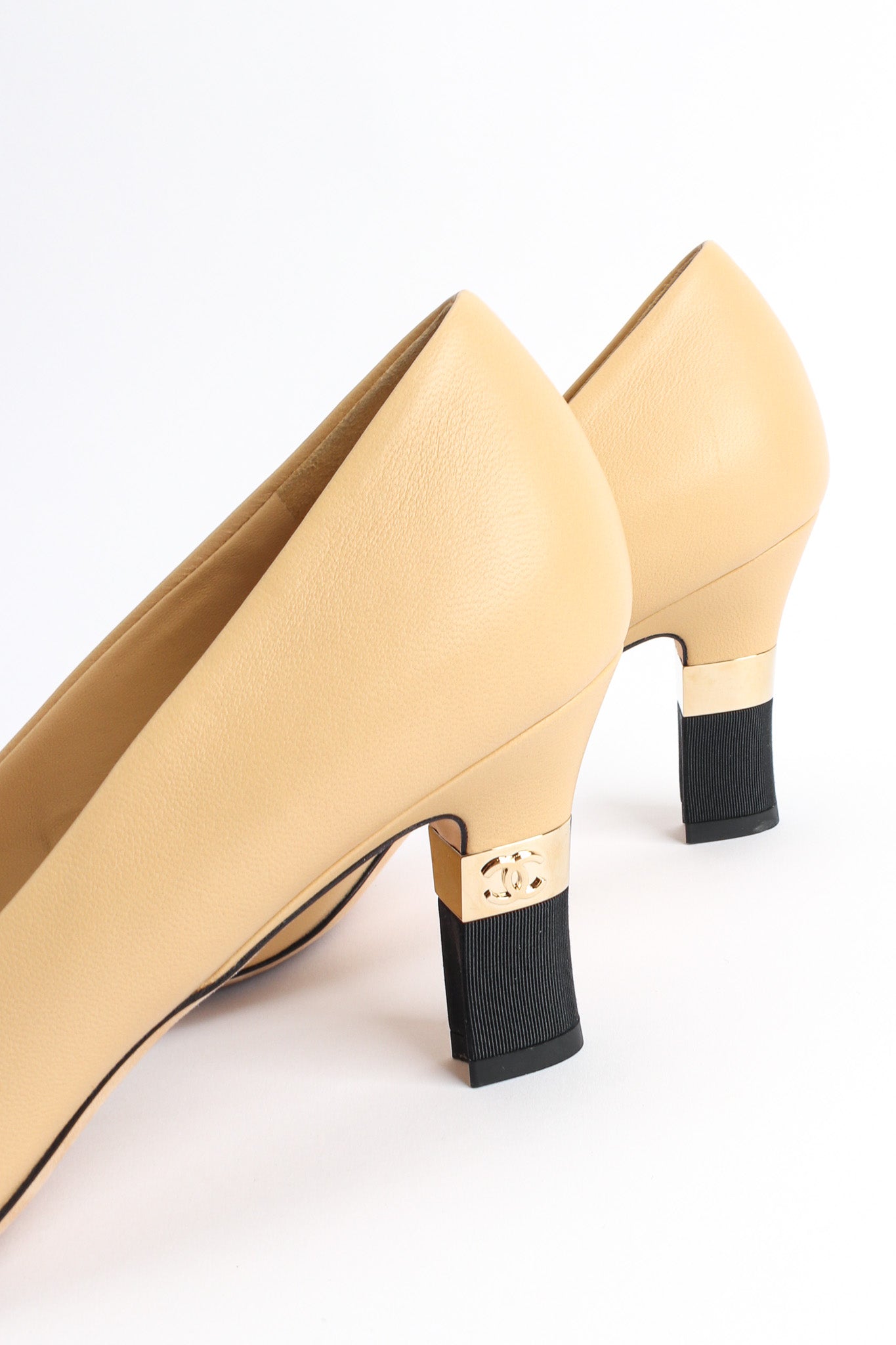 Chanel Cap Toe Lambskin Leather CC Heels side heels close up @ Recess LA