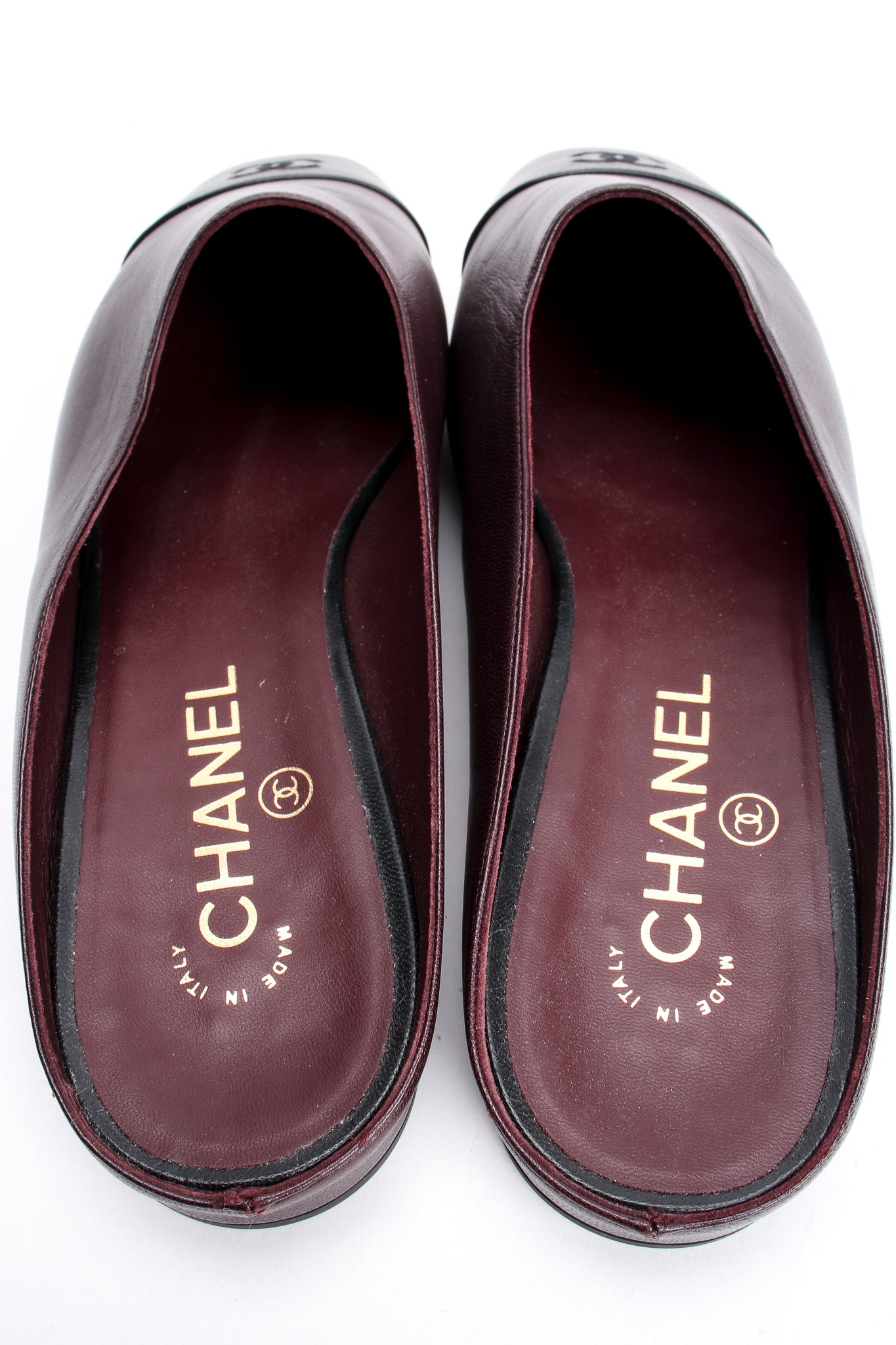 Vintage Chanel Leather Cap Toe Slipper Mules inner at Recess Los Angeles