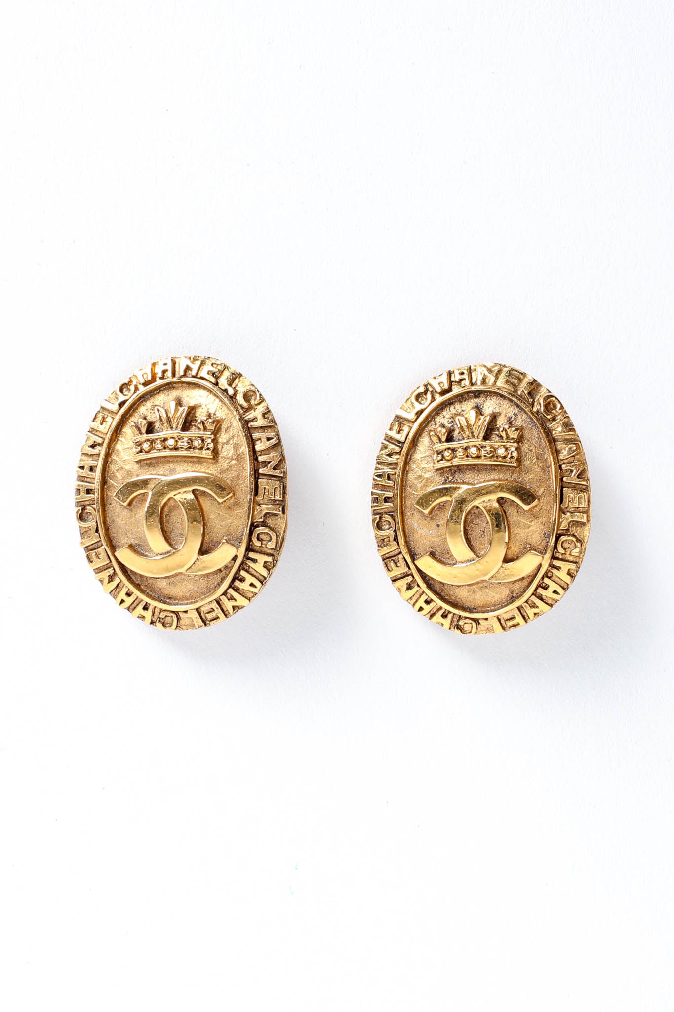 Vintage Chanel 1980s Crown CC Logo Coin Earrings front @ Recess LA