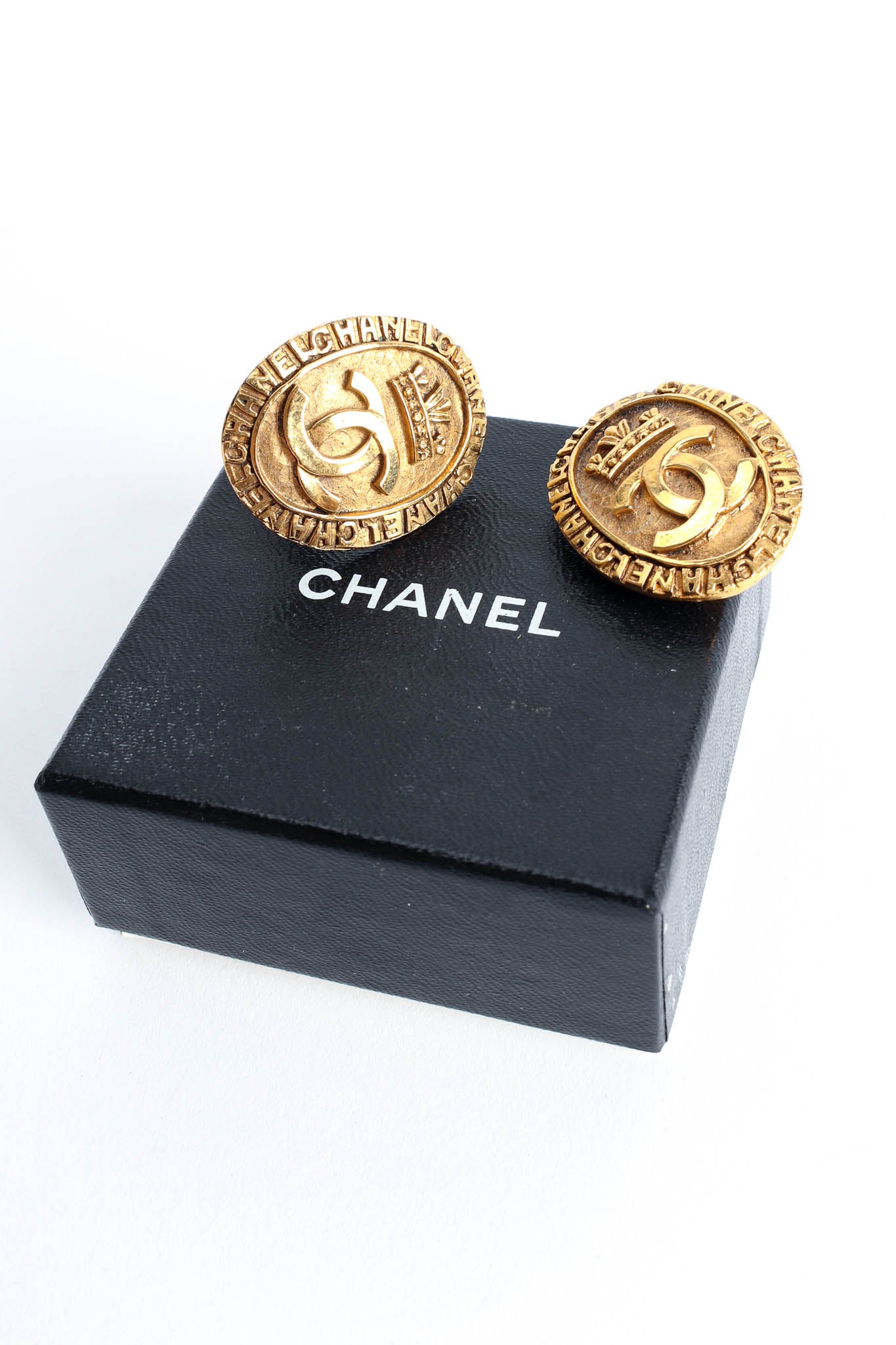 Vintage Chanel 1980s Crown CC Logo Coin Earrings boxed set @ Recess LA