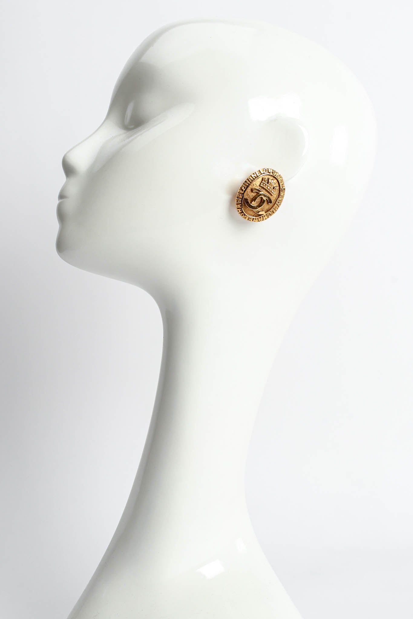 Vintage Chanel 1980s Crown CC Logo Coin Earrings mannequin @ Recess LA