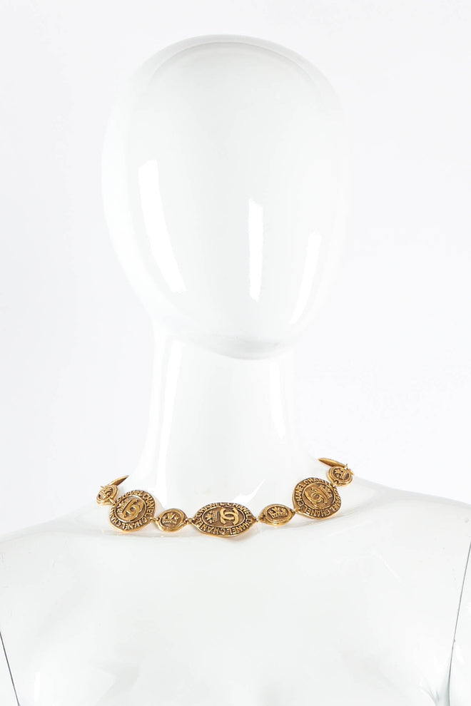 Vintage Chanel 1980's Crown CC Logo Coin Necklace on Mannequin at Recess LA