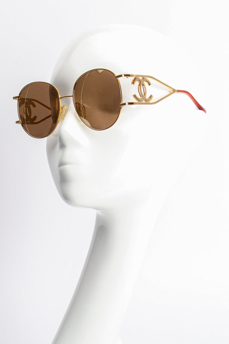 Vintage Chanel 1990s CC Gold Mirror Miller Sunglasses on mannequin at Recess Los Angeles