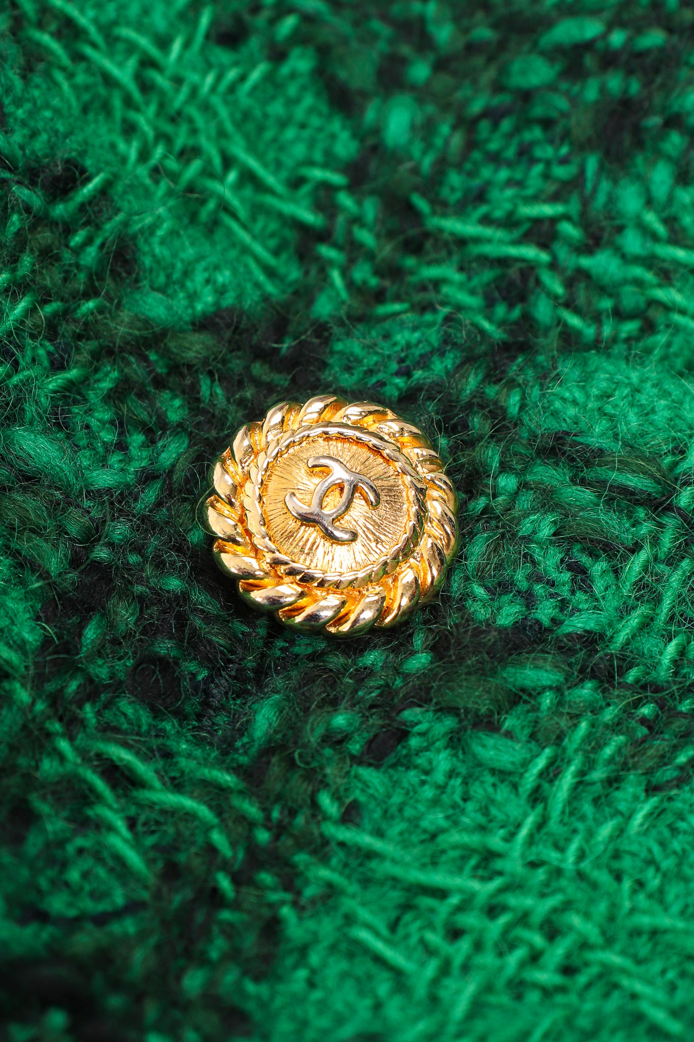 Vintage Chanel Bouclé Plaid Tweed Wrap Jacket button detail at Recess Los Angeles