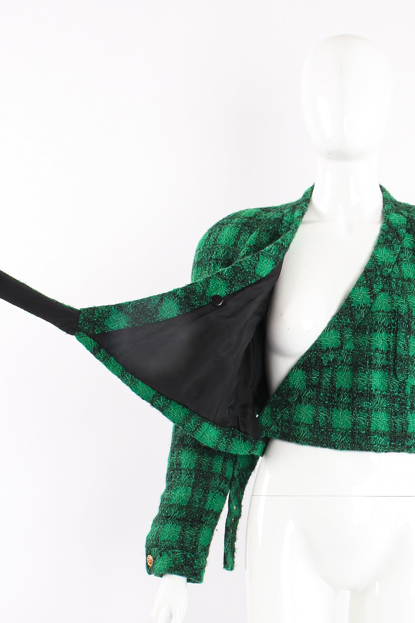 Vintage Chanel Bouclé Plaid Tweed Wrap Jacket on Mannequin Front open at Recess Los Angeles