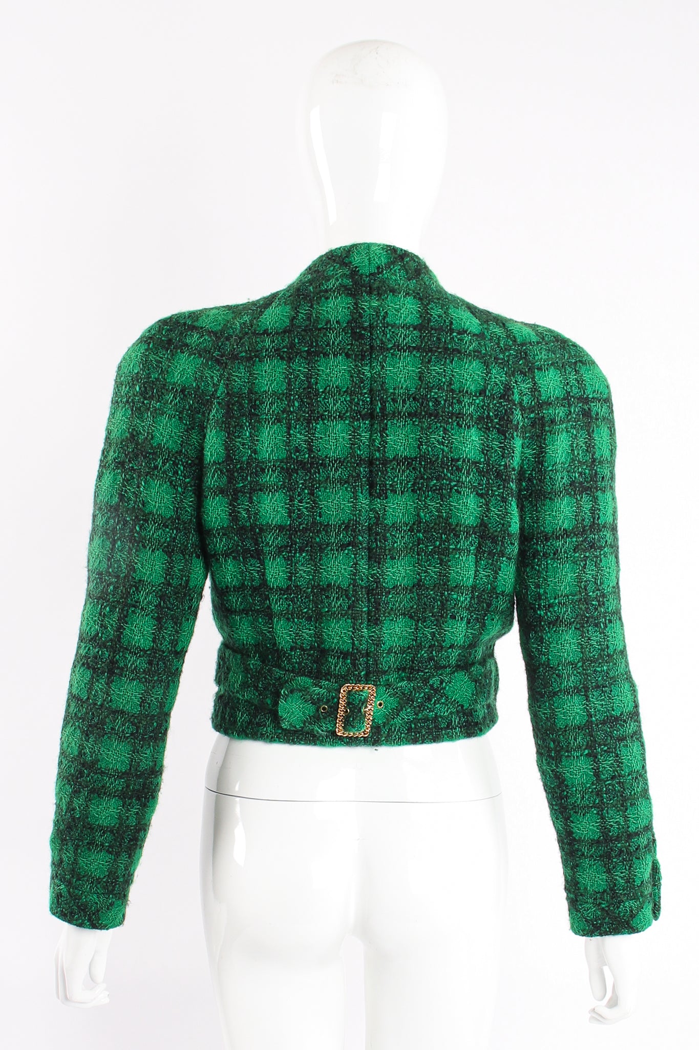 Vintage Chanel Bouclé Plaid Tweed Wrap Jacket on Mannequin Back at Recess Los Angeles