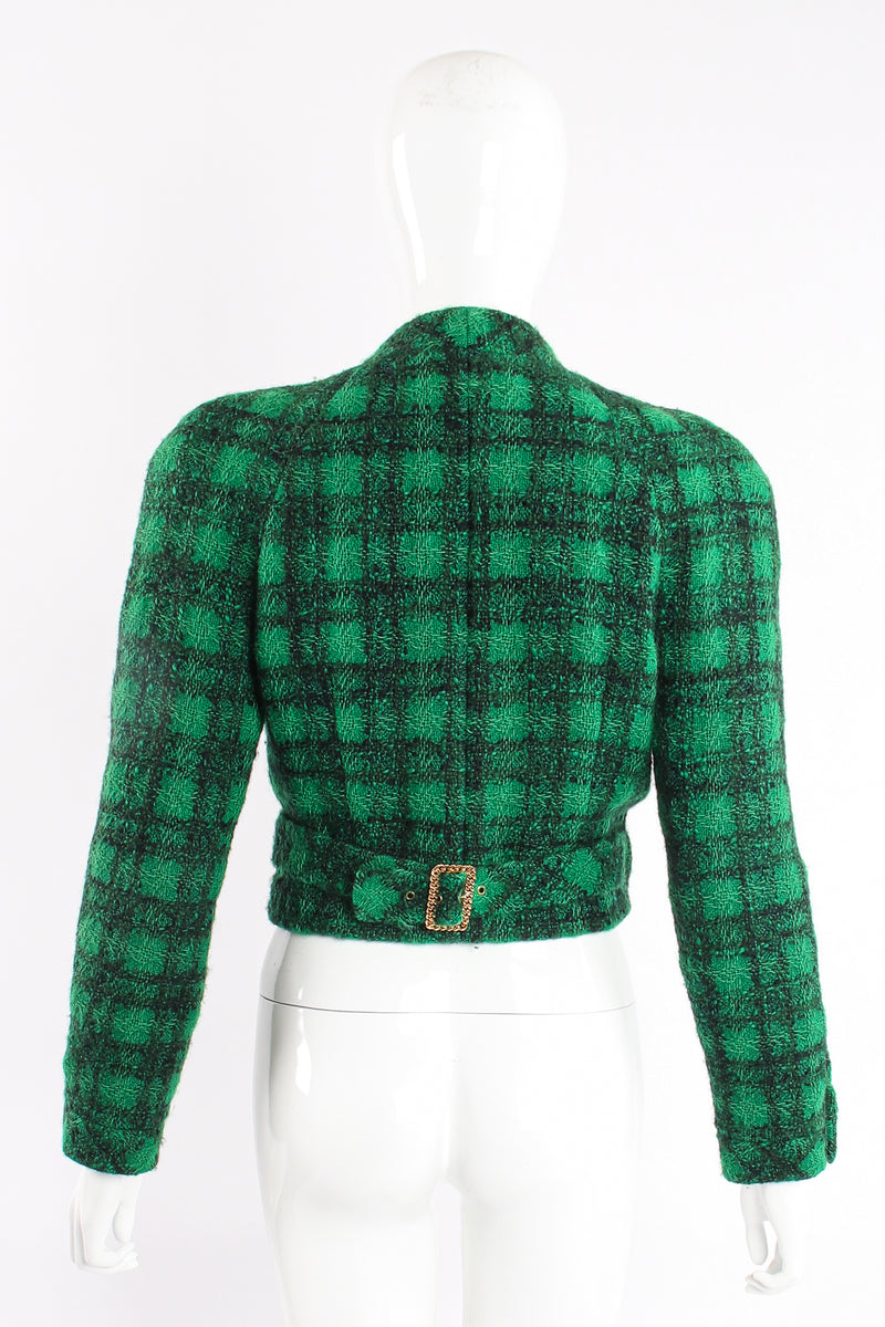 Vintage Chanel Bouclé Plaid Tweed Wrap Jacket on Mannequin Back at Recess Los Angeles