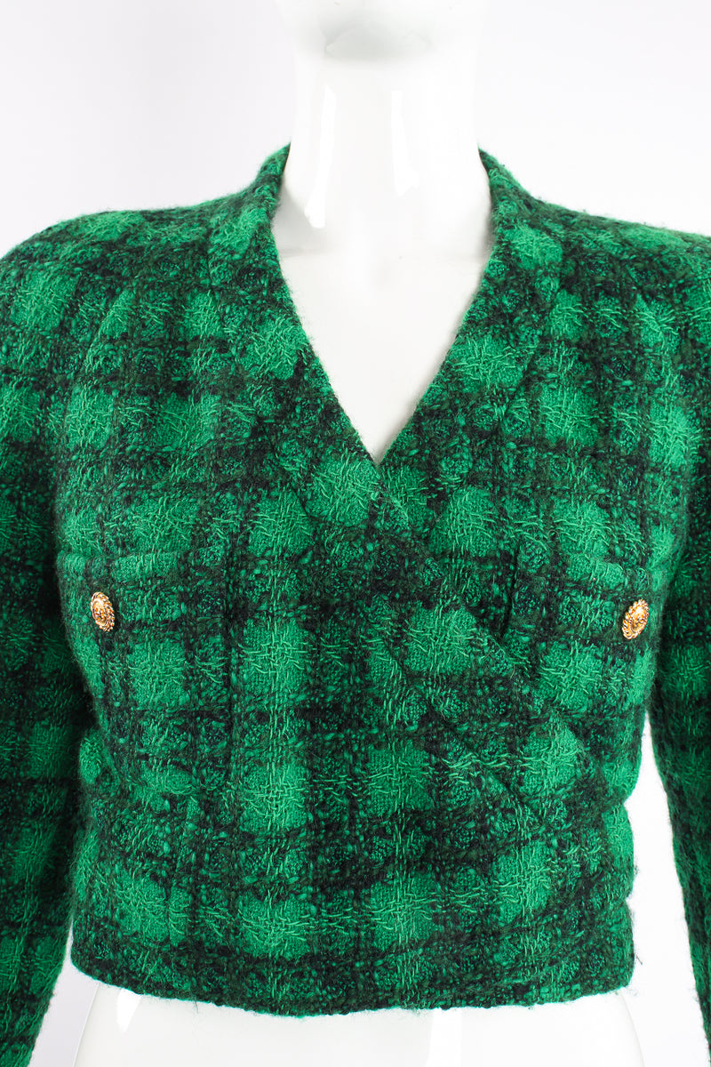 Vintage Chanel Bouclé Plaid Tweed Wrap Jacket on Mannequin Front crop at Recess Los Angeles