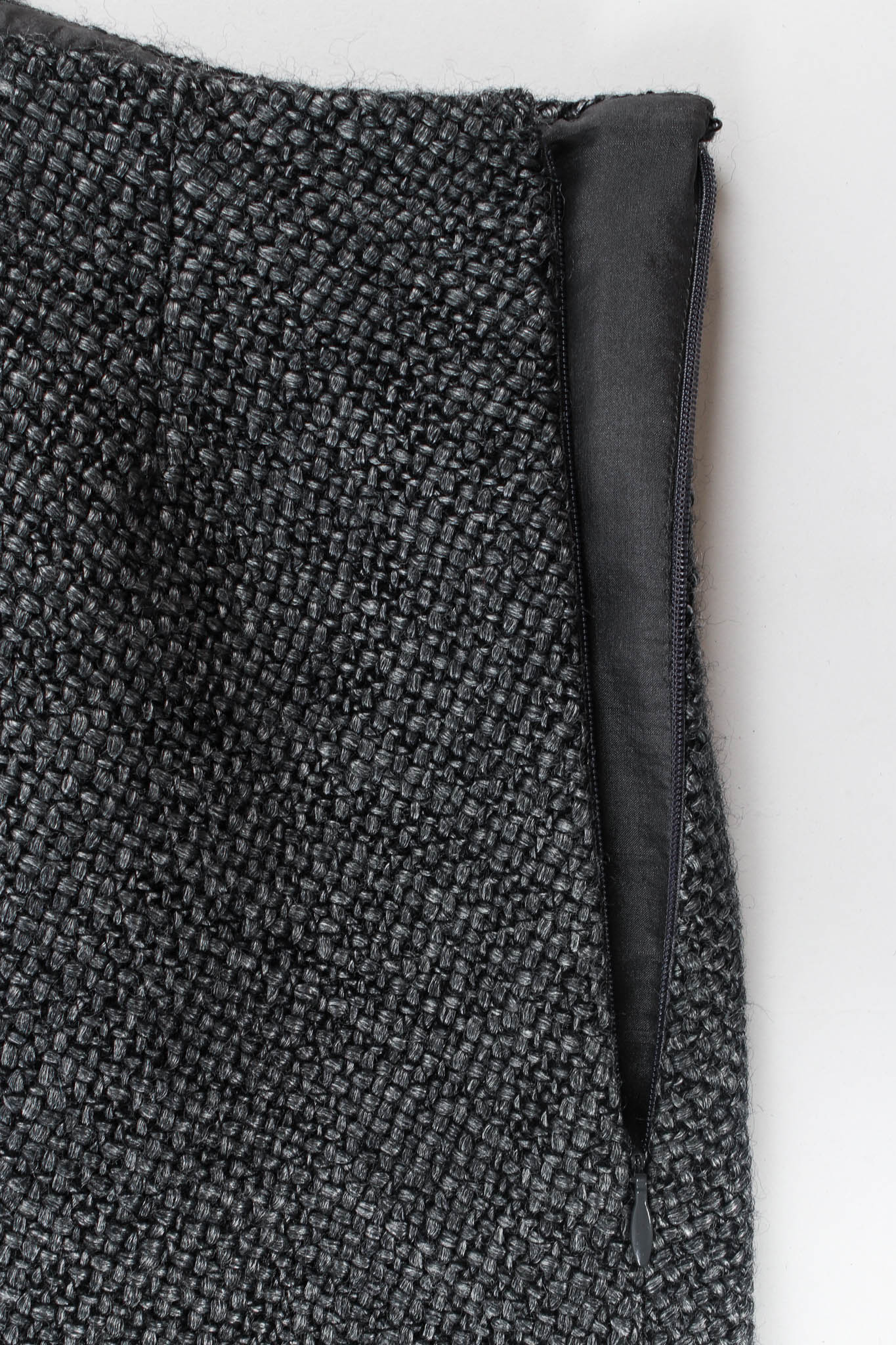 Vintage Chanel Tweed Woven Wool Top & Skirt Set skirt zipper @ Recess Los Angeles