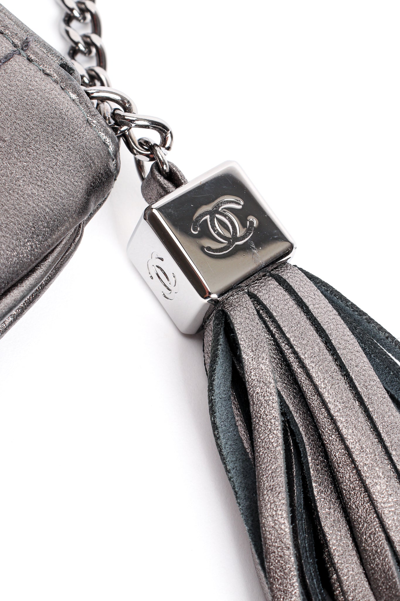 Vintage Chanel 2004 Metallic Quilted Tassel Shoulder Bag CC detail at Recess Los Angeles