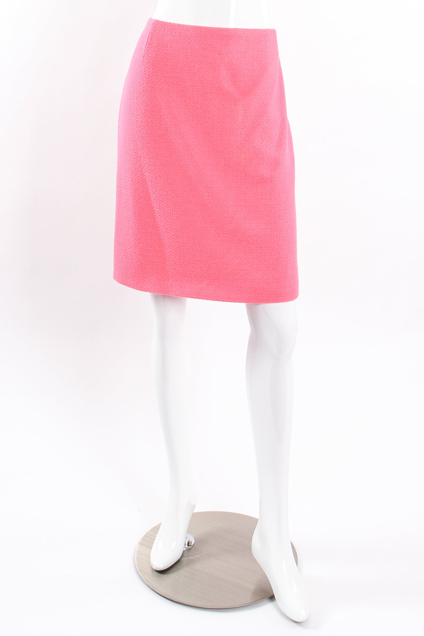 Vintage Chanel SS 1997 Crochet Trim Tweed Jacket & Skirt Set on Mannequin skirt front at Recess