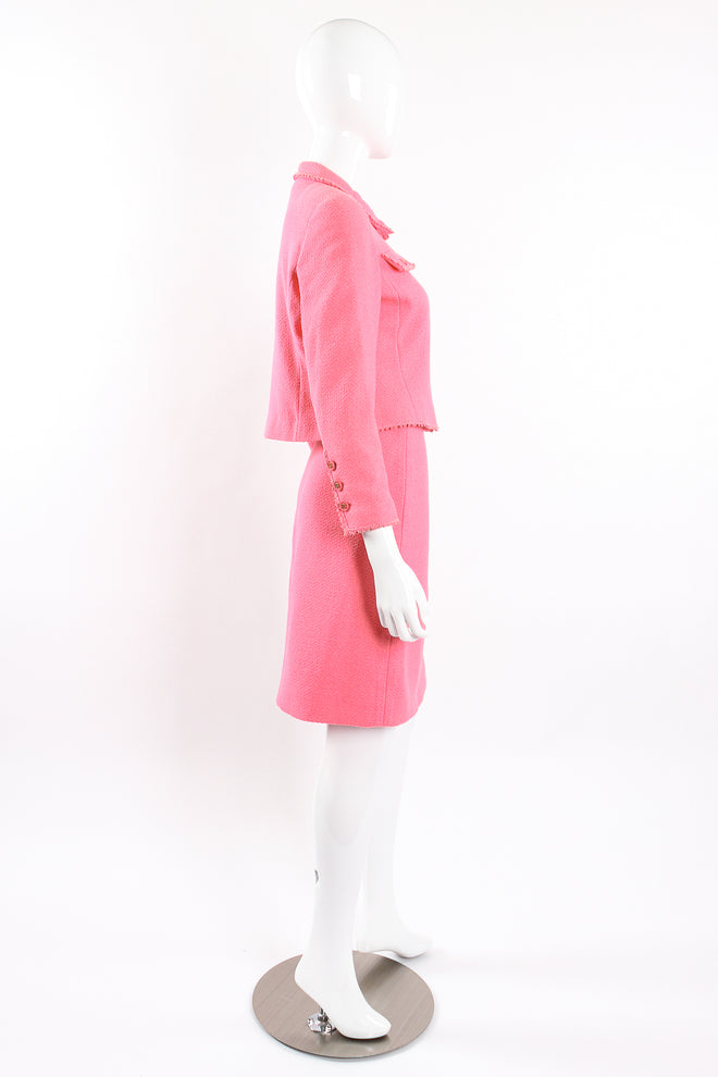 Vintage Chanel SS 1997 Crochet Trim Tweed Jacket & Skirt Set on Mannequin side at Recess LA