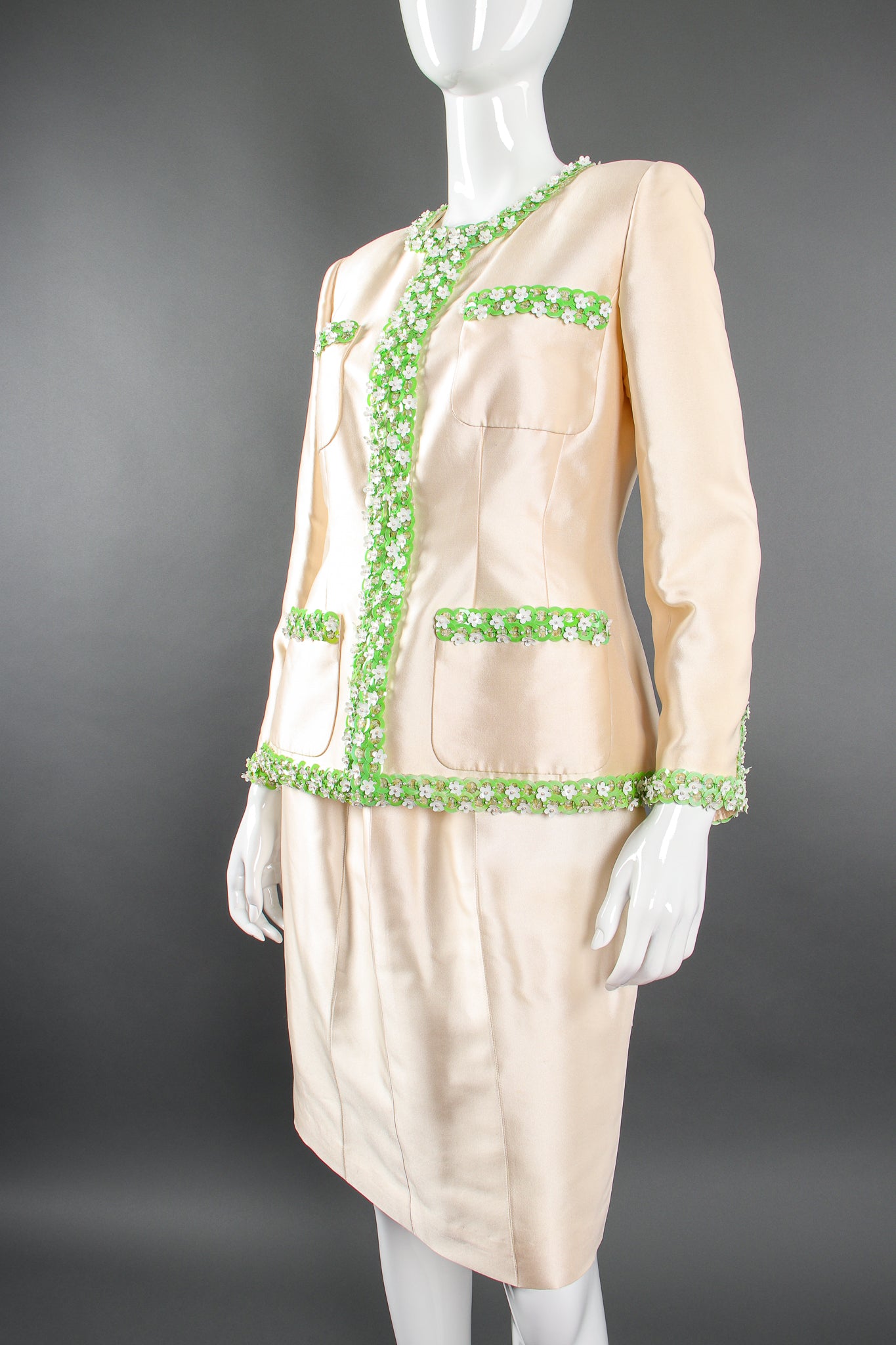 Vintage Chanel 1996P Daisy Bead Jacket & Skirt Suit Bridal Wedding on Mannequin crop @ Recess LA