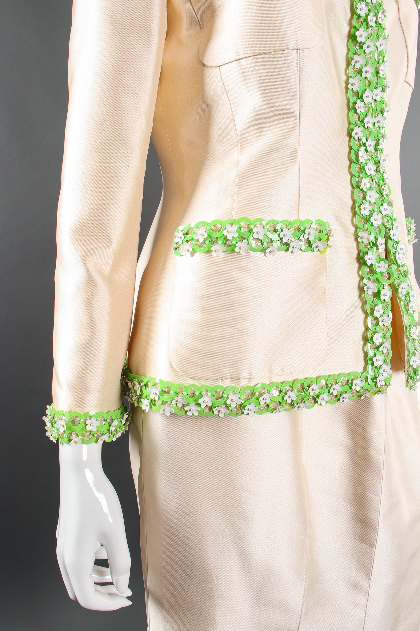 Vintage Chanel 1996P Daisy Bead Jacket & Skirt Suit Bridal Wedding on Mannequin pocket @ Recess LA