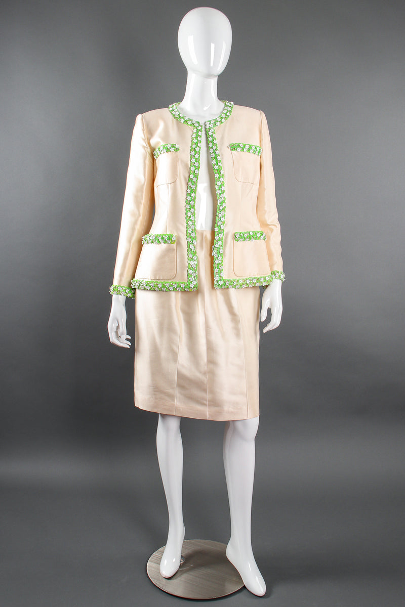 Vintage Chanel 1996P Daisy Bead Jacket & Skirt Suit Bridal Wedding on Mannequin open @ Recess LA