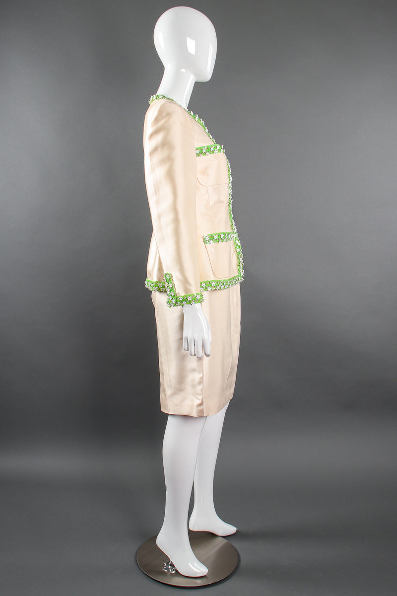 Vintage Chanel 1996P Daisy Bead Jacket & Skirt Suit Bridal Wedding on Mannequin side @ Recess LA