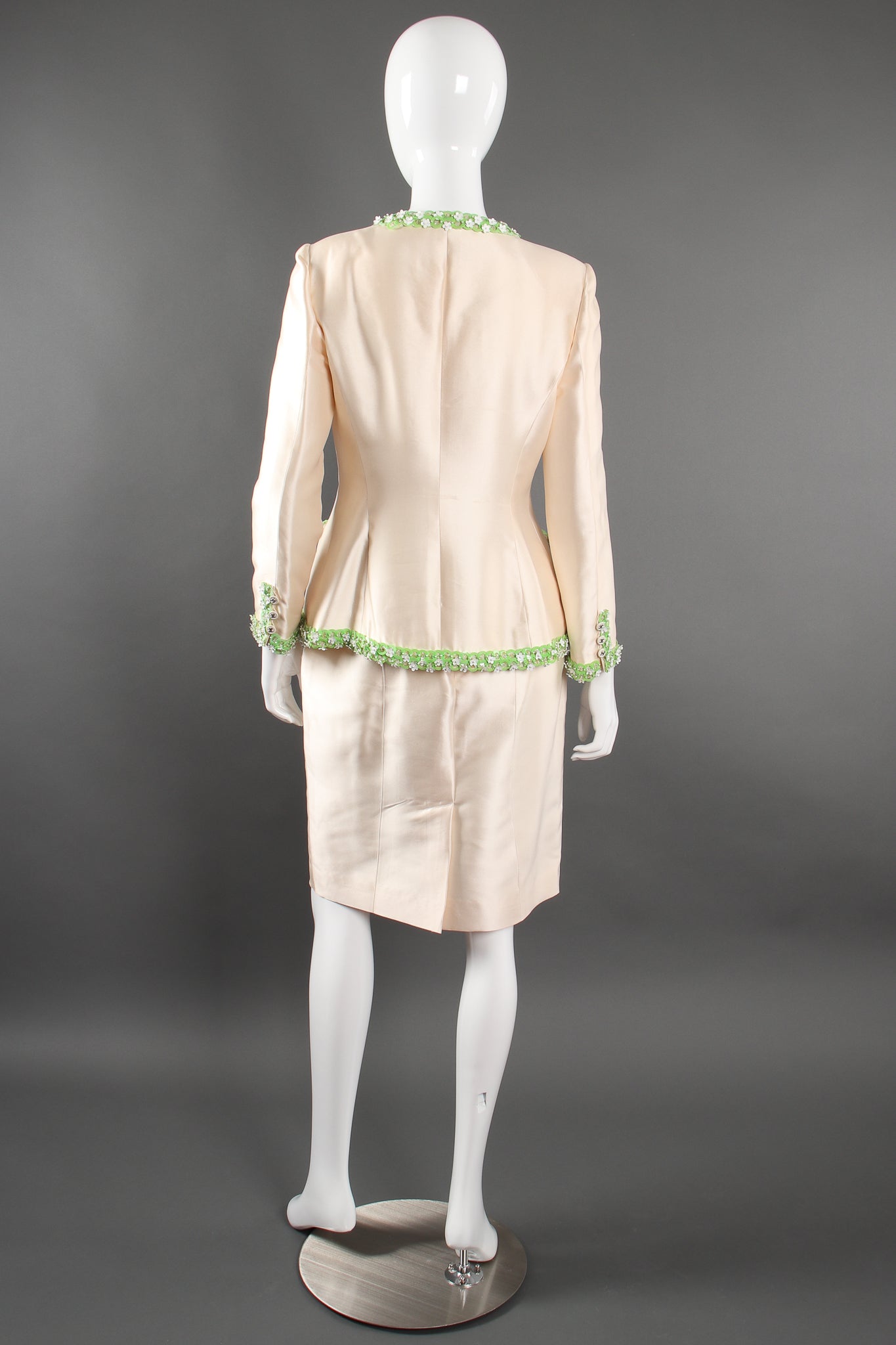 Vintage Chanel 1996P Daisy Bead Jacket & Skirt Suit Bridal Wedding on Mannequin back @ Recess LA